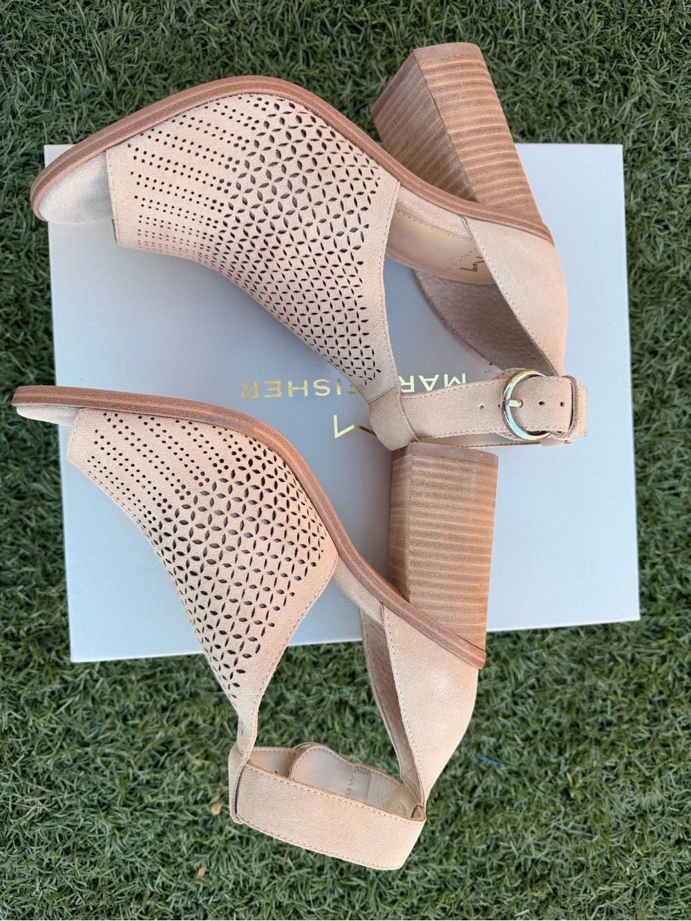 Marc Fisher Pink-Tan Suede Perforated Block Heel Sandals size 7